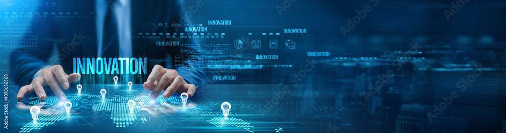 Poster digital interface with focus on the word 'innovation'. hands are interacting with holographic icons 