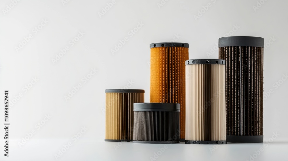 Aufkleber various car filters for oil, air, and fuel are displayed together on a soft light background showcas