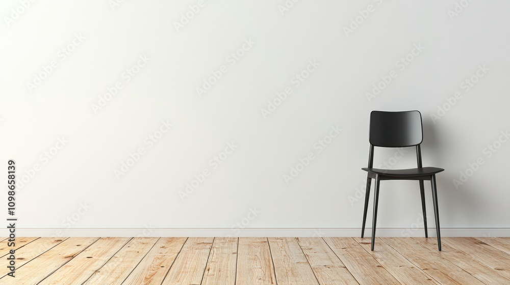 Poster A simple interior features wooden floors and a single chair positioned by a blank wall, creating an atmosphere of tranquility and solitude. Generative AI