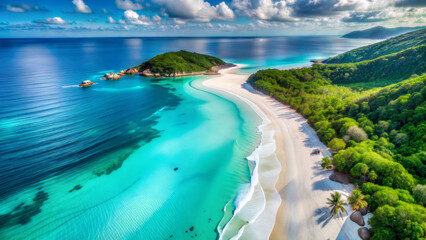 Fototapeta premium Beautiful sea coast with white sand, clear turquoise water and lush vegetation, a paradise place