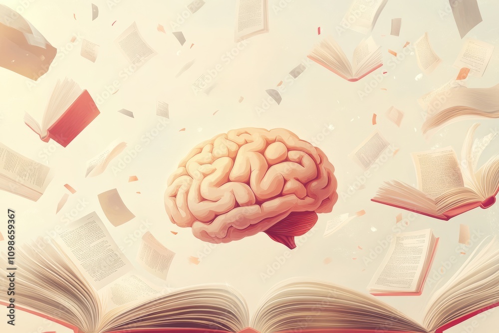 Poster a brain floats in an open space amid flying pages and open books, illustrating the vital link betwee
