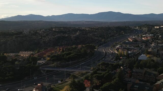 Aerial drone view of Torrelodones, a municipality in the northwest of the Autonomous Community of Madrid, Spain. It is situated 29 kilometers northwest from the city of Madrid