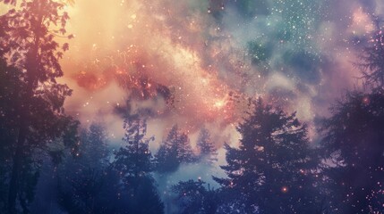 Obraz premium Enchanting double exposure background featuring mystical forest scenes overlaid with ethereal celestial bodies, inviting viewers into a magical realm