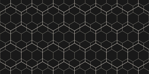 Fototapeta premium Minimalist geometric seamless pattern. Subtle vector linear texture with hexagon grid, delicate minimal lattice, net, diamonds. Black and white outline abstract background. Repeating dark geo design