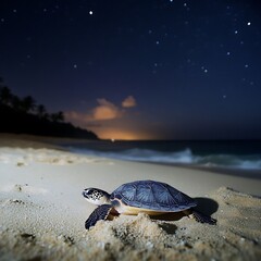 Obraz premium Serene turtle journeying on beach as night sky glows above.
