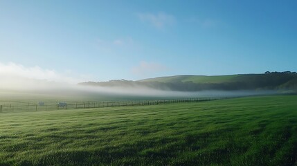 Obraz premium Tranquil Morning Mist Over Dairy Farm Landscape at Sunrise