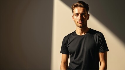 Obraz premium Confident young man in sunlight with shadowed background