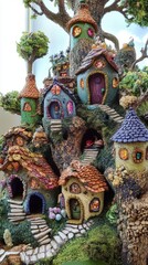 Fototapeta premium Whimsical tree houses with vibrant doors nestled in a lush, magical forest, evoking a fairy tale atmosphere.