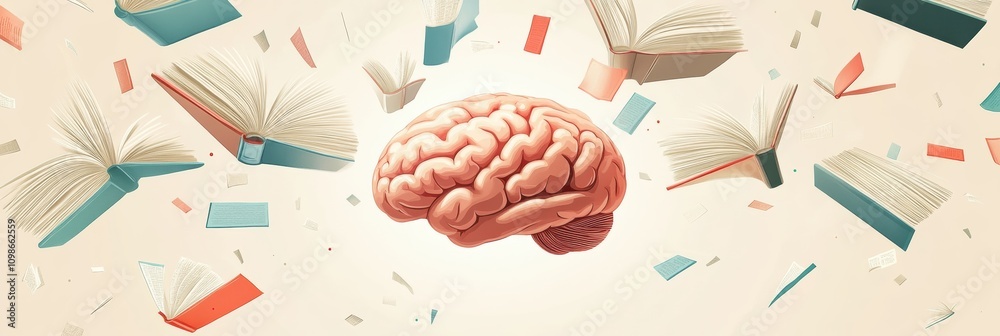 Poster a vibrant brain is encircled by open books and flying pages, representing the essence of knowledge, 