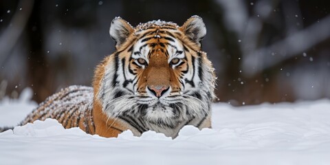 Obraz premium Majestic tiger resting in a snowy landscape, blending with the wintry environment while showcasing its vibrant fur and intense gaze
