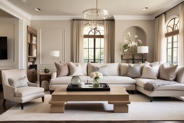 Elegant living room with a modern design, neutral tones, and cozy furnishings.