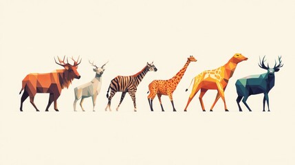 Fototapeta premium Colorful geometric animal illustrations including deer, zebra, giraffe, and antelope on a minimalist background.