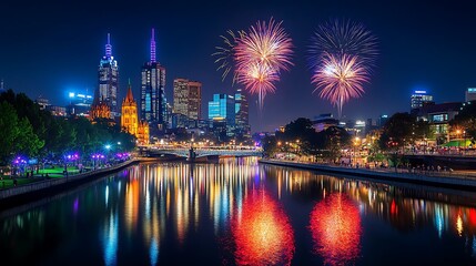 Obraz premium Stunning Night Skyline Illuminated by Fireworks Over the River