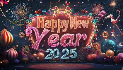 Colorful circus theme "Happy New Year 2025" with playful fonts and elements