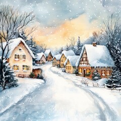 Fototapeta premium A serene winter village with snow-laden cottages and trees, captured at sunset, creating a cozy and picturesque atmosphere.
