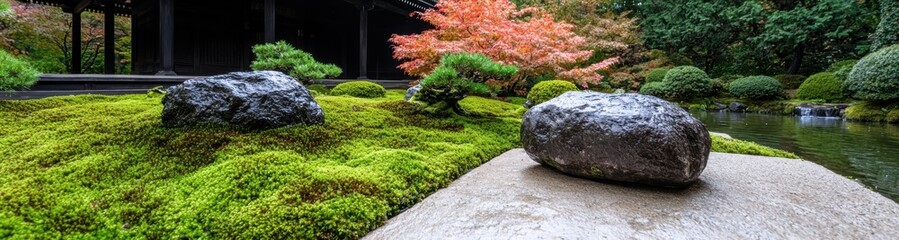 Obraz premium Serene Japanese garden with moss-covered rocks and vibrant autumn foliage