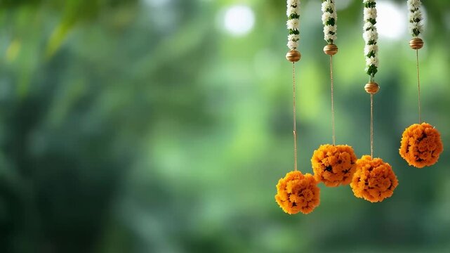 Traditional Indian floral garland toran made of marigold or zendu flower decorated temple or home. Happy Diwali festival, Pongal or Gudi Padwa. Decoration for Indian hindu holiday, wedding