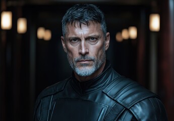 Fototapeta premium Serious man in black leather jacket