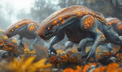 Fototapeta premium Running wild alien creatures on a blurred landscape.