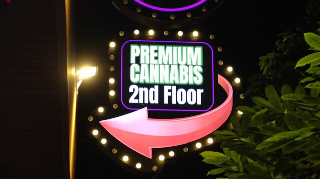 BANGKOK, THAILAND - AUGUST 2024 : View of weed (marijuana or cannabis) store in Bangkok. Medical and drug concept video.