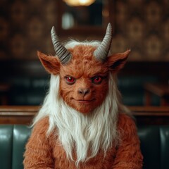 Naklejka premium Furry mythical creature with horns and red eyes