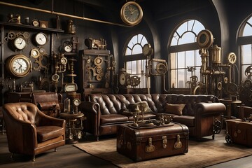 A vintage steampunk-inspired room with leather furniture and numerous clocks.