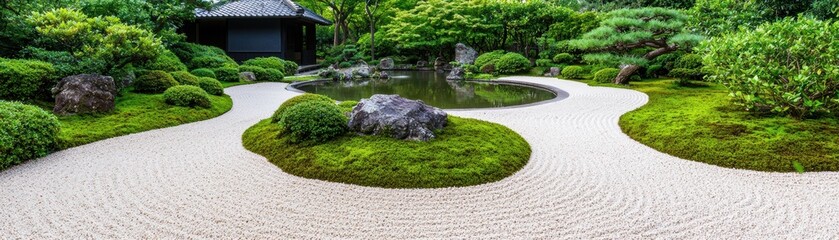 serene japanese garden with pond and raked gravel