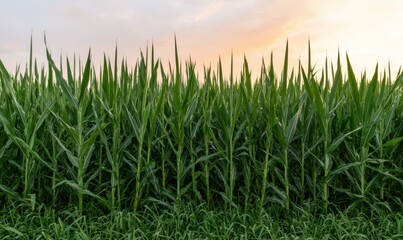 Obraz premium Lush green corn field at sunset