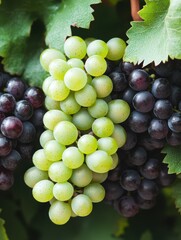 Ripe green and purple grapes on the vine