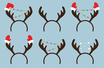 Set of hoops with reindeer antlers with shields, snow, a Christmas sock and mittens. Christmas hoops on blue background. Holiday hat for winter party. Vector elements eps.