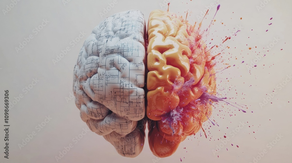 Poster this artwork showcases a split brain design, contrasting logical thought in gray with creative expre