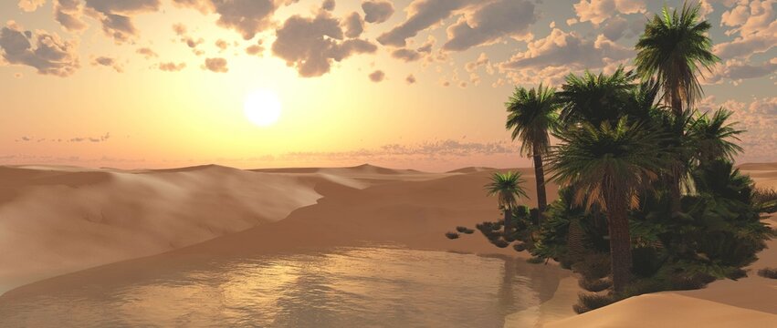 Oasis in the desert sand. Palm trees and a lake. 3d rendering.
