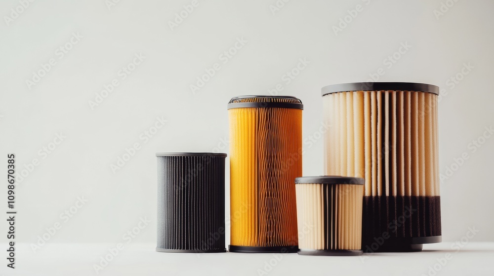 Leinwandbilder Display of multiple car filters including oil, air, and fuel conformed in different sizes arranged on a light surface for comparison. Generative AI