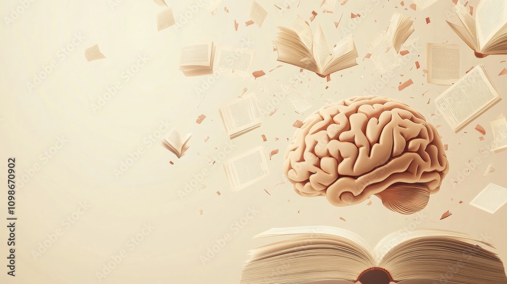 Fototapete a brain is depicted at the center, surrounded by open books and fluttering pages, illustrating the p