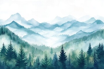 Fototapeta premium A mountain range with trees and a misty sky. The trees are green and the sky is blue