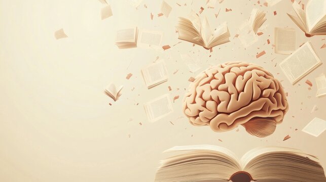 A brain is depicted at the center, surrounded by open books and fluttering pages, illustrating the pursuit of knowledge and the joy of learning. Generative AI