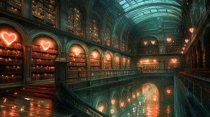 Obraz premium Romantic Library with Floating Hearts, a Whimsical Digital Art