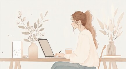 Young woman working at a minimalist desk with plants and coffee during a peaceful afternoon, light background, sketch 