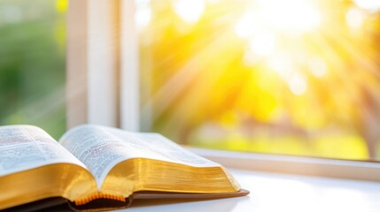 An open Bible with goldenedged pages radiates under warm sunlight through a window symbolizing divine inspiration and reflection on faith