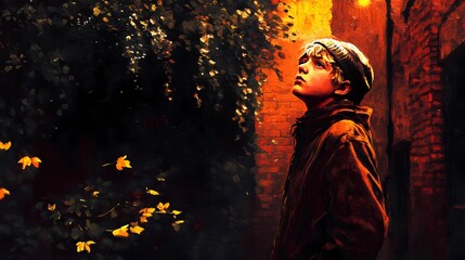 Obraz premium Charming child detective in a classic hat and trench coat, standing in a softly lit study for whimsical storytelling themes
