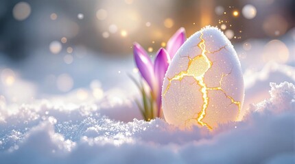 Glowing eggshell in snow with crocus bloom amidst magical light