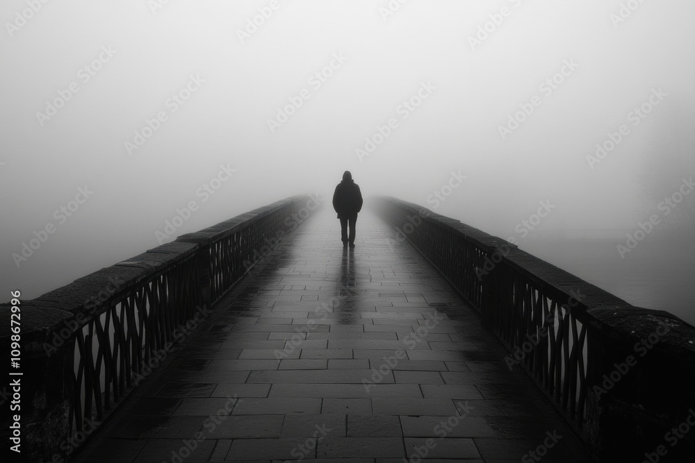 Aufkleber a lone person walks along a desolate bridge shrouded in dense fog, capturing the stillness of early 