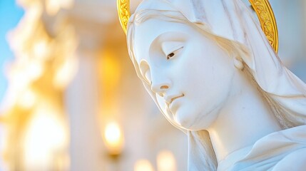 Serene Statue of Virgin Mary with Golden Halo and Candlelight