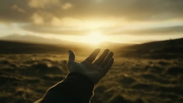 Silhouette of prayer human hand open palm up worship in the morning with sunrise sky. Freedom and spirituality concept. God helping repent catholic easter lent mind pray. Christian religion, belief