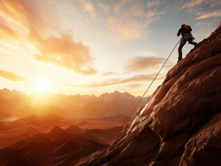 Obraz premium A climber rappelling down a steep rock face during a dramatic sunset