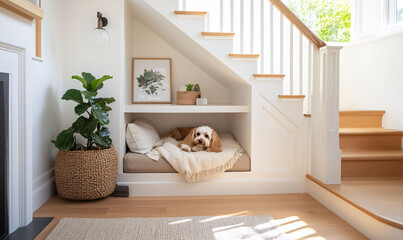 Fototapeta na wymiar Small Dog Resting in Modern Under-Stair Nook