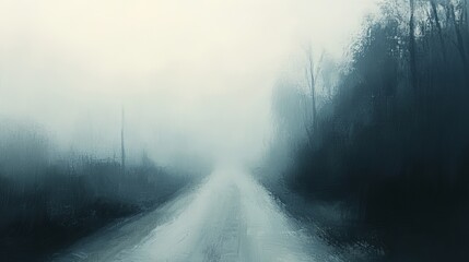 Obraz premium A foggy road disappearing into the distance, surrounded by bare trees, creating a mysterious and atmospheric scene.
