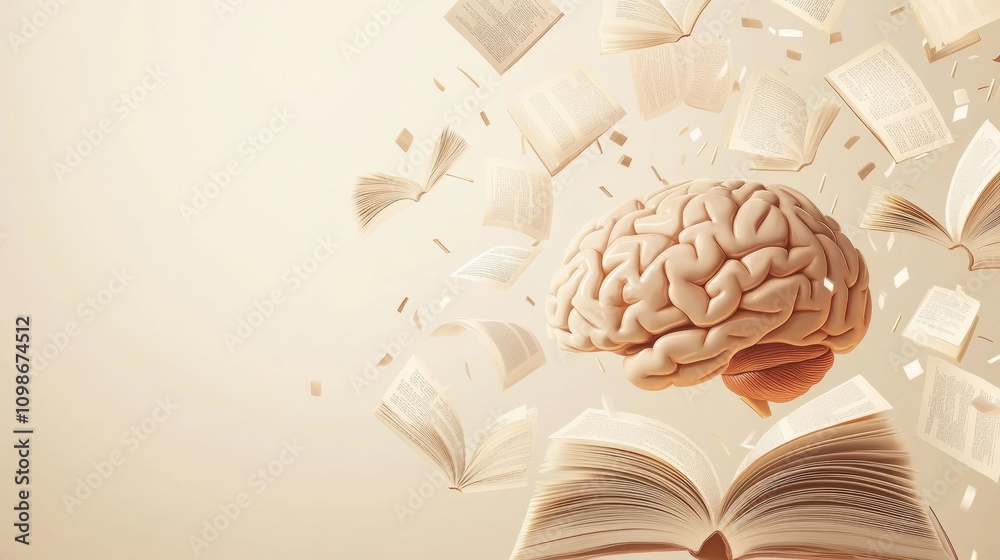Leinwandbilder a brain is depicted amidst open books and fluttering pages, symbolizing the connection between knowl