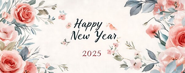 Floral border surrounding "Happy New Year 2025" with soft pastel colors
