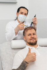Alopecia. Hair loss improve growth treatment dermapen microneedling vitamin exosomes plasma syringe...